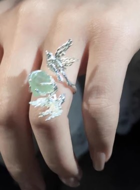 【双燕伴宝】新中式立体飞鸟嵌绿彩宝设计戒指国风诗意艺术感指环