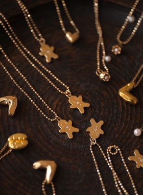 金色镶钻姜饼人吊坠小众设计项链个性时尚锁骨链甜酷百搭可爱颈饰