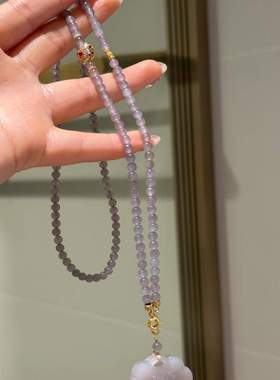 新中式烟紫色如意锁项链女小众仿钰石祥云吊坠流苏显白复古毛衣链