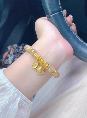 新中式黄财神金发晶手串女小众设计精致复古风手链招财高级感手饰