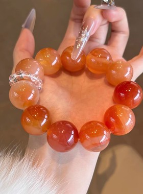 新中式冰透仿红玛瑙渐变柿子红手串圆润饱满手链国风日常百搭配饰