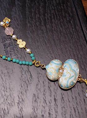 新中式旗袍国风项链配饰长款宋锦葫芦吊坠松石链优雅古典风显气质