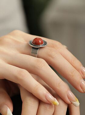 做旧银色楠红元宝戒指女轻奢复古小众设计国潮新中式民族风食指戒