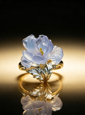 冰透蓝色仿玛瑙牡丹雕花戒指银色枝叶镶嵌可调节小众轻奢送礼首饰
