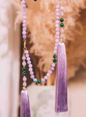 超长款紫色珠链斜挎链国风设计新中式文艺项链汉服璎珞多戴压襟