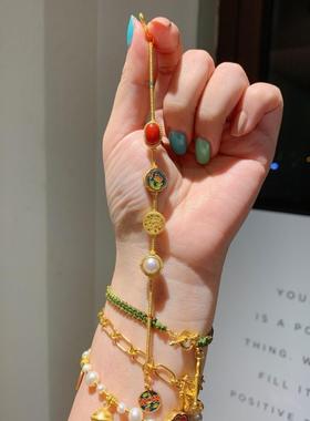 黄金色古法烧蓝珐琅多宝手链女红色古石贝珠紫气东来花丝串珠手串