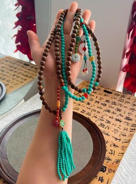 新中式檀木多宝项链仿绿松石混色国风斜挎链佛珠念珠手串民族风