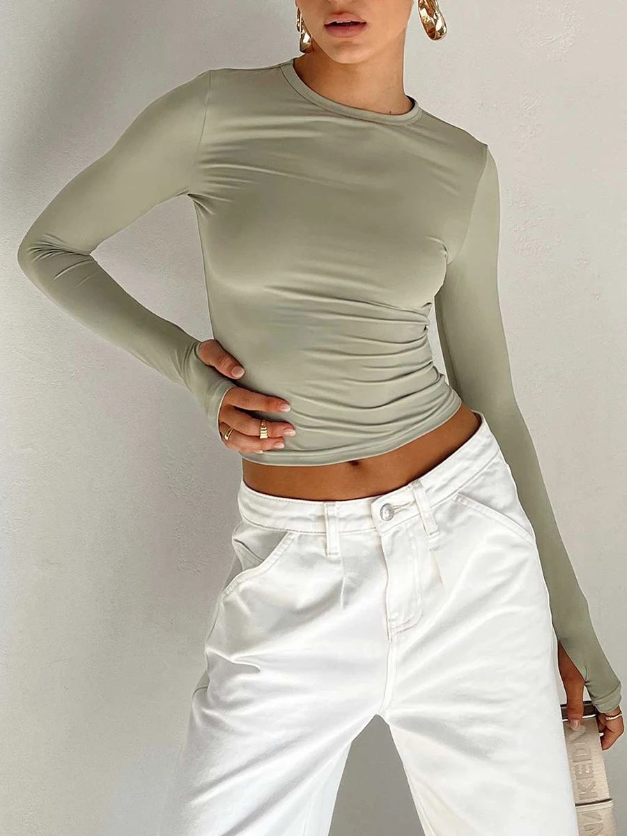 Fashion Women T-shirt Long Sleeve Crew Neck Solid Slim Fit L - 图0