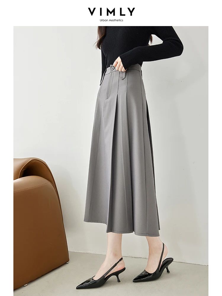 Vimly Women Grey Pleated Skirt 2023 Autumn Fashion Solid Off