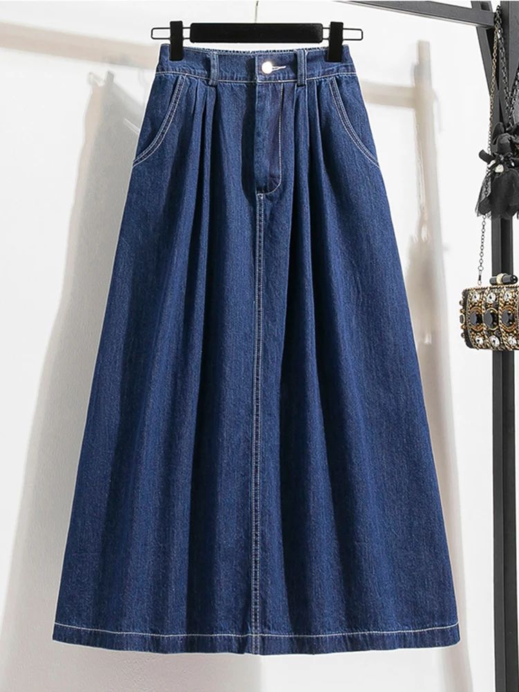 New 2023 Autumn Plus Size Denim Skirt Women High Elastic Wai-图1