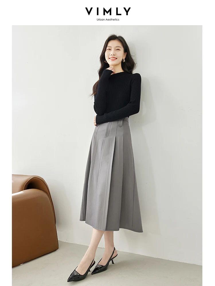 Vimly Women Grey Pleated Skirt 2023 Autumn Fashion Solid Off