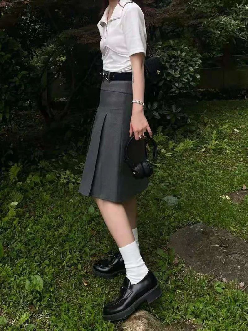 Korean Style Pleated Midi Skirt Women Harajuku Academia Scho-图0