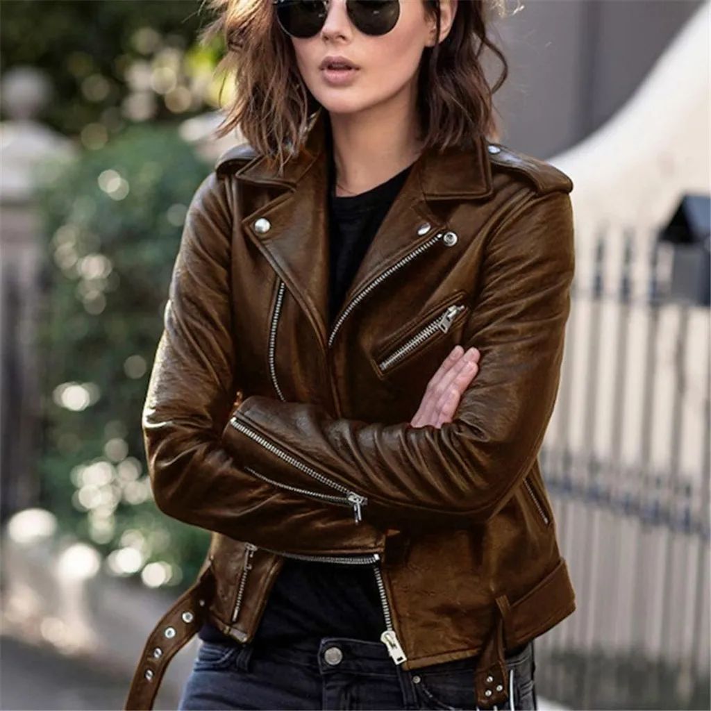 Autumn Short Jacket Solid Revers Female Moto Biker Jackets 2-图0