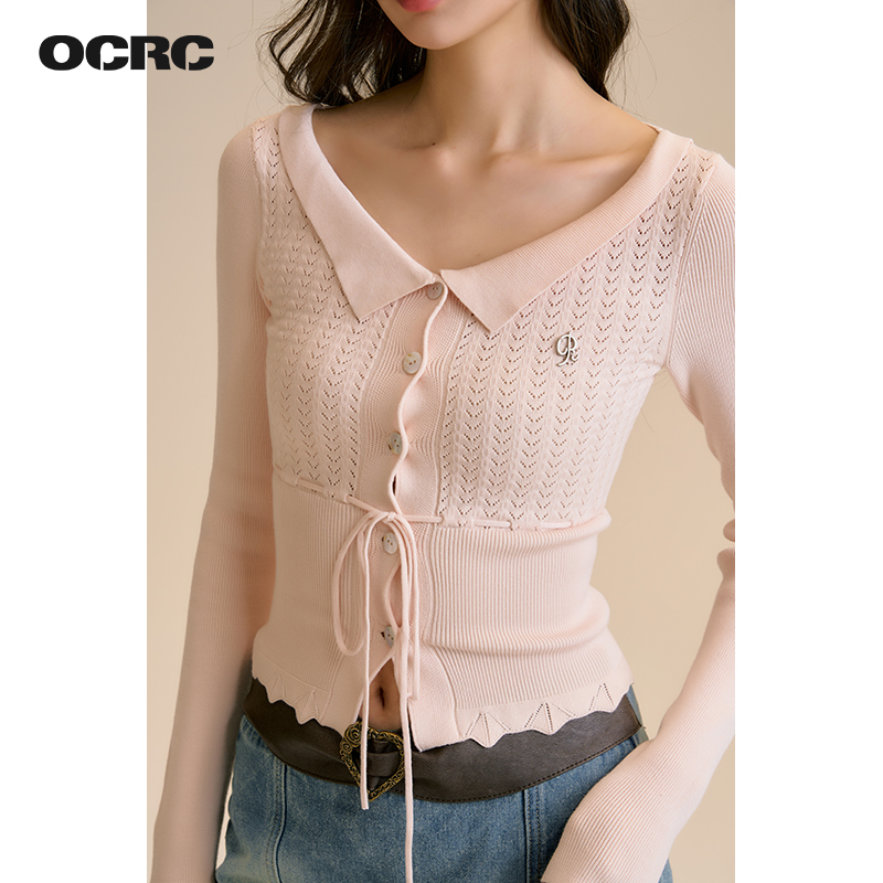 OCRC Official韩系甜美风V领镂空针织衫女春季短款辣妹绑带上衣-图1