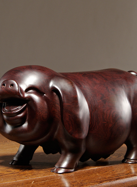 黑檀实木质雕刻一对猪摆件十二生肖动物猪家居客厅装饰红木工艺品