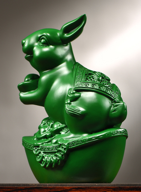 绿色实木雕刻兔子摆件新中式三合十二生肖家居客厅装饰品新居送礼