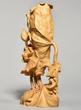 黄杨木雕实木雕刻莲花工艺品复古禅意办公室摆件创意荷叶笔筒荷塘