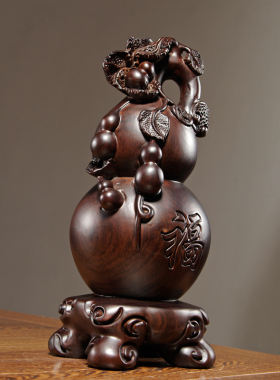 黑檀实木雕刻福禄葫芦摆件红木多子多福家居客厅办公装饰工艺礼品