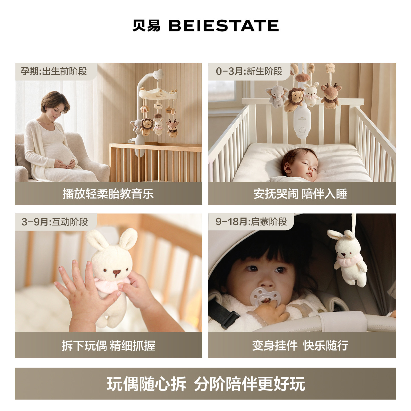 贝易床铃宝宝床头音乐旋转摇铃床上挂件新生婴儿玩具布艺悬挂式