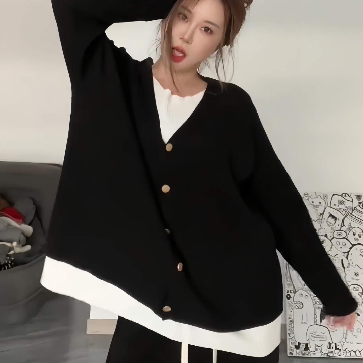 大码女装2025春秋新款胖MM设计感潮外搭撞色假两件长袖针织衫上衣 - 图1