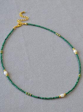 法式小众文艺复古孔雀石串珠祖母绿几何方形吊坠双层叠戴气质项链