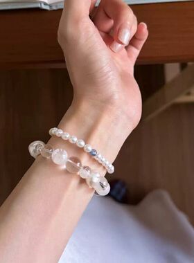 「绪白」天然雪花幽灵白水晶手串女淡水珍珠多宝小众手链