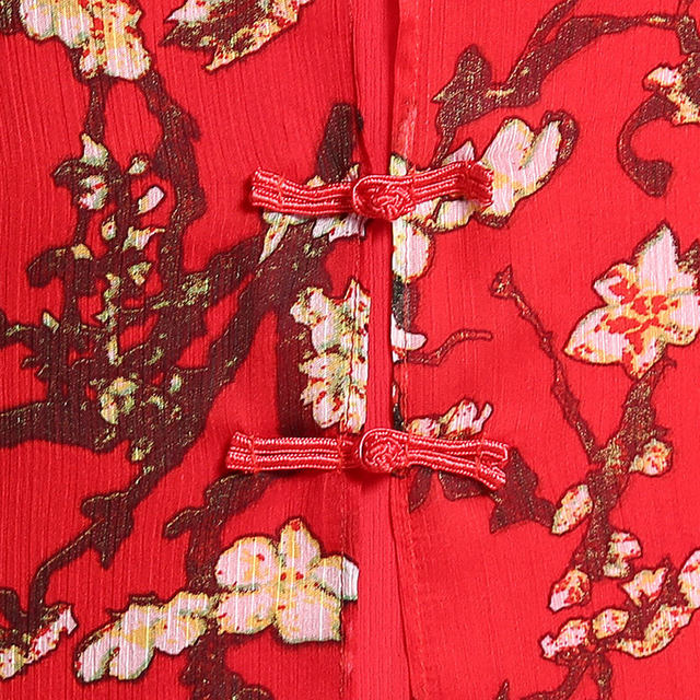 Retro Chinese style floral chiffon dress summer irregular printed three-quarter sleeves round neck plate button mid-length skirt for women