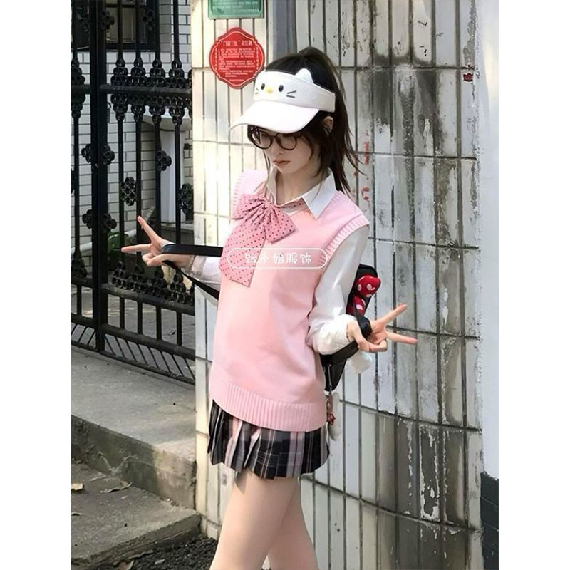 粉雾海JK制服日系针织套头马甲长袖衬衫叠穿格裙学院风校供感套装,淘宝优惠券,粉丝福利购,淘宝优惠卷