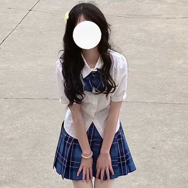 jk制服收腰衬衫上衣女短袖原创夏季学院风泡泡袖白色衬衣jk套装女-图1