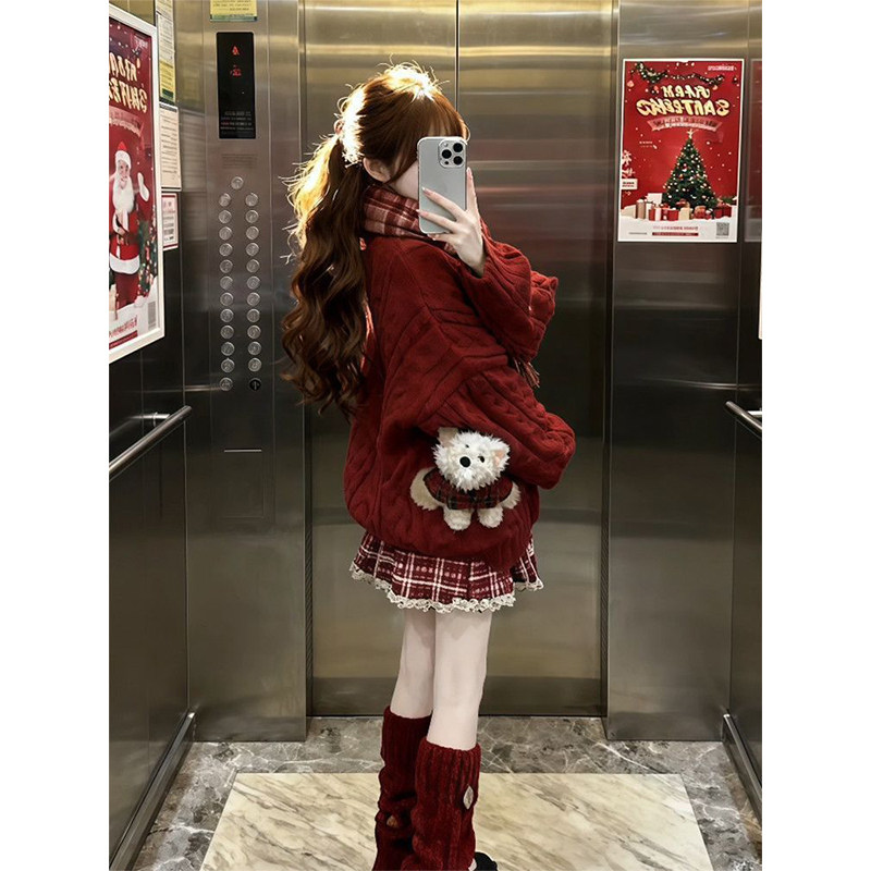 圣诞氛围感红色麻花毛衣格纹吊带蛋糕裙套装女冬季新款穿搭两件套,淘宝优惠券,粉丝福利购,淘宝优惠卷