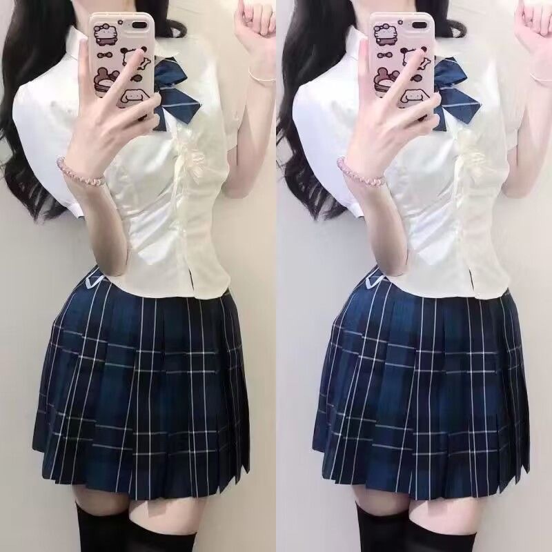 jk制服收腰衬衫上衣女短袖原创夏季学院风泡泡袖白色衬衣jk套装女-图0