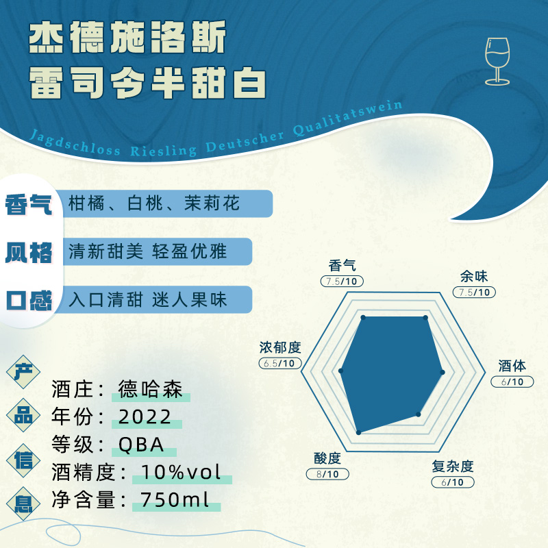 买一瓶送一瓶 德国原瓶进口杰德施洛斯雷司令半甜白葡萄酒750ml - 图0