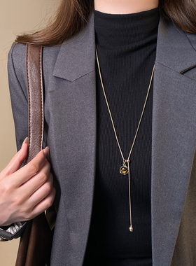 金色珍珠虎眼石吊坠长项链高级感