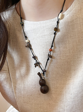 新中式天然木制葫芦串珠皮绳项链