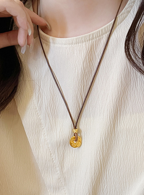 沙金刻字钱币吊坠长项链高级感