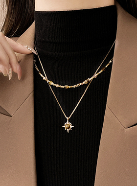 双层叠戴金色虎眼石八芒星项链