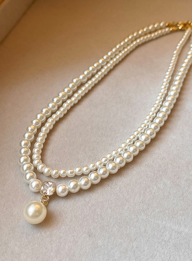 双层叠戴珍珠吊坠项链颈链高级感