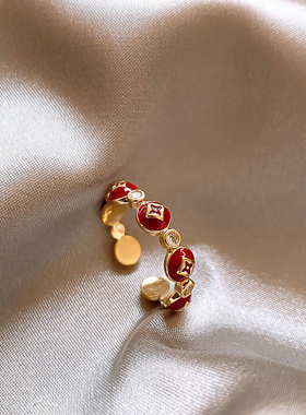 红色钱币锆石戒指轻奢高级感小众