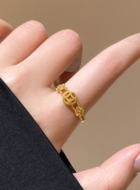 金色钱币花朵戒指巨好看的指环