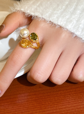 金色珍珠蛇形锆石开口戒指高级感