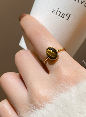 金色扭纹虎眼石开口戒指高级感