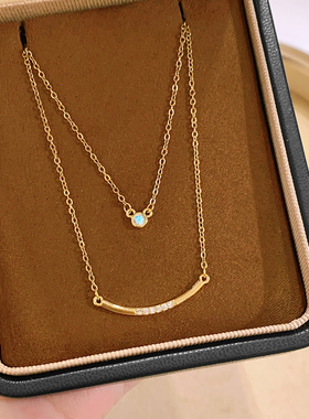 金色微笑锆石吊坠素链叠戴项链