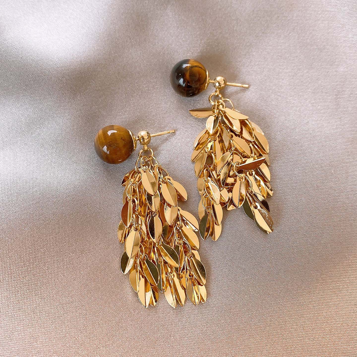 金色叶子流苏虎眼石圆球耳钉女绝美独特夸张耳饰精致耳环2025新款 - 图3
