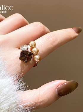 单颗锆石方块珍珠开口戒指高级感