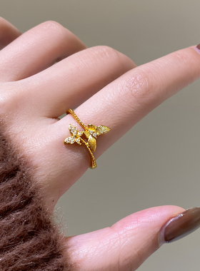 沙金锆石蝴蝶开口戒指高级感指环