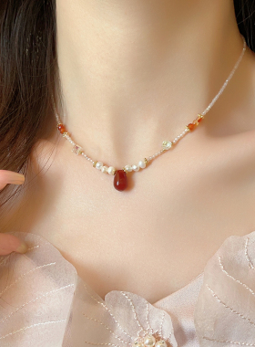 玛瑙水滴天然珍珠项链高级感颈链