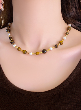 轻奢小众美拉德虎眼石珍珠项链