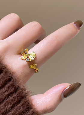 沙金锆石银杏叶开口戒指小众精致