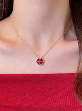 红色双面四叶草吊坠项链轻奢小众