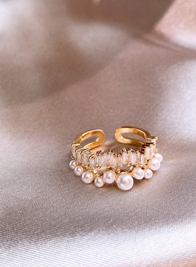 金色双层几何锆石珍珠戒指高级感